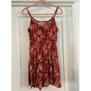 Lucky Brand Red Floral Smocked Empire Waist Sundress‎ Womens Medium Cotton Boho